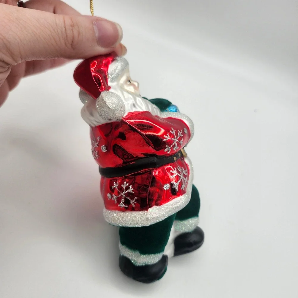 Vintage Style Glass Santa Ornament Red Coat Green Flocked‎ Pants Gift Bag